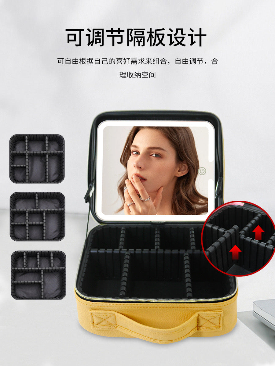 LED Light Cosmetic Case with removable Mirror Large Capacity Fashion PU Leather Travel Makeup bag Brushes EVA bag