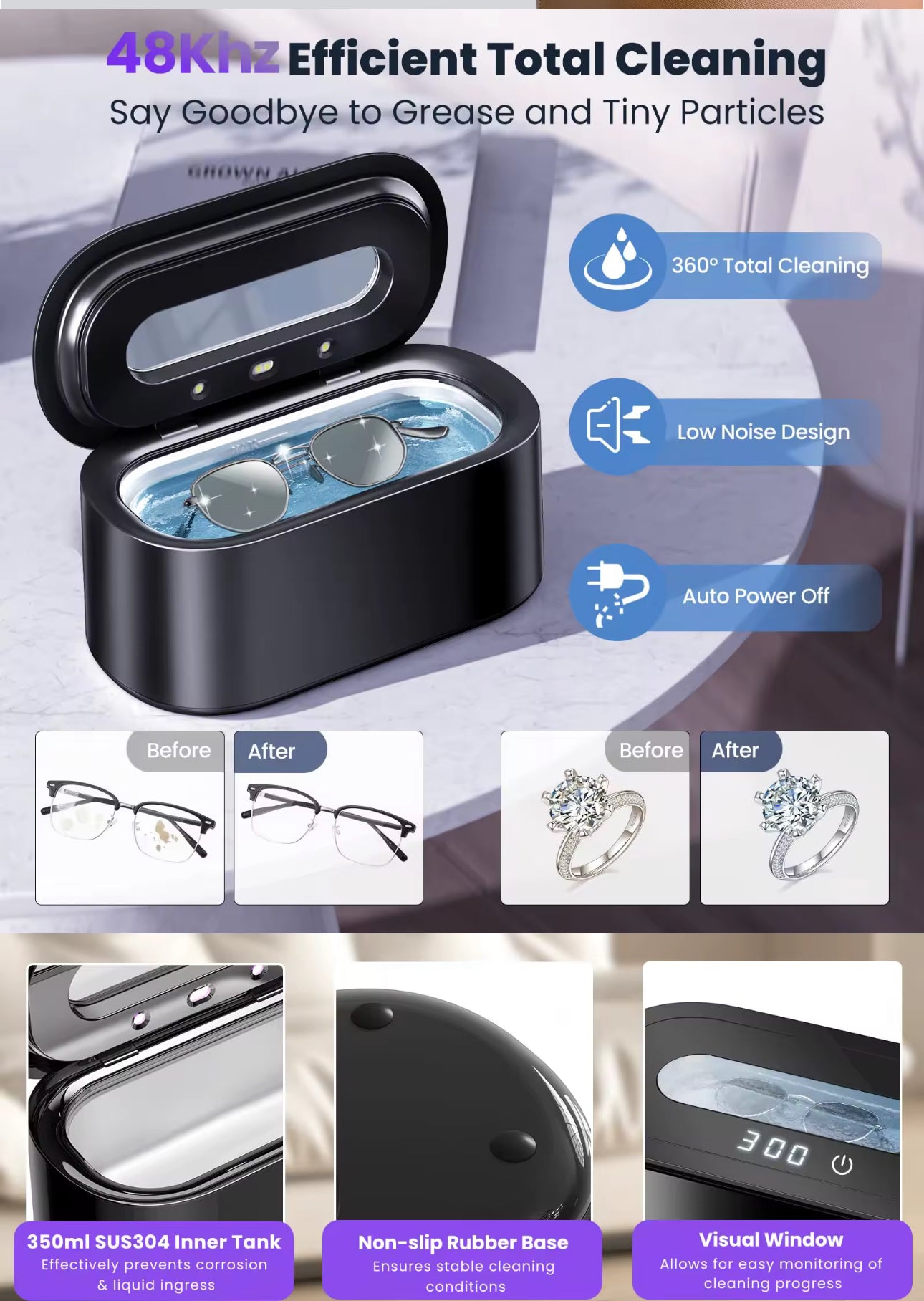 Ultrasonic UV Jewellery Ring Cleaner, Glasses Cleaner with Digital Timer, Portable Jewelry Cleaner Ultrasonic Machine for Eyeglasses, Rings, Necklaces, Watches, Dentures 48Khz 12oz - 30Watt Professional Ultrasonic (Black)