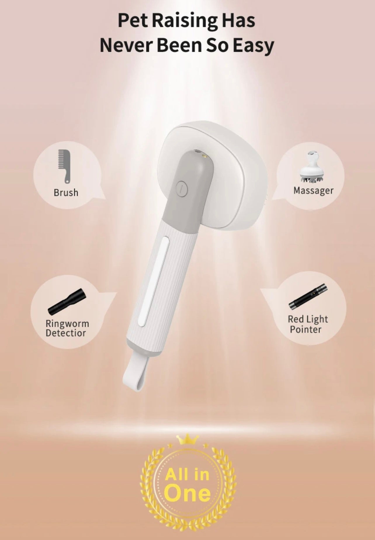 4-In-1 Cat & Dog ionic grooming, Rechargeable self-cleaning brush , massager , red light pointer & ring worm detector