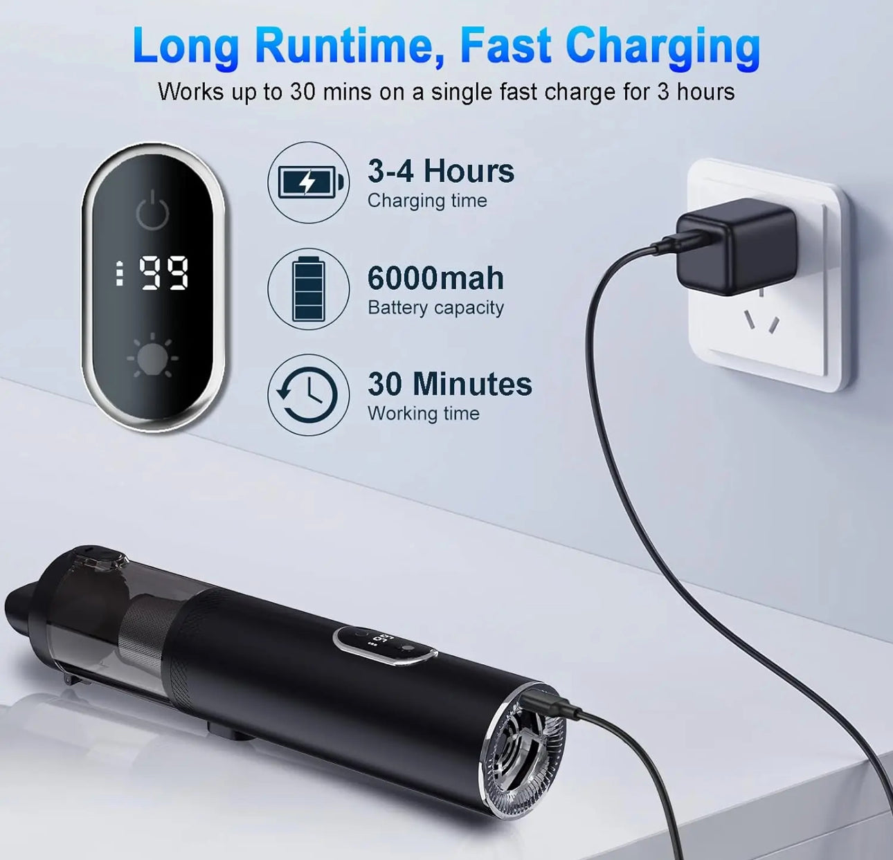 INNOVATIVE Slim S1 Cordless LED Vacuum, 13kpa/90W, 1.6LBS Lightweight, 2H Fast Charge, 30 Minutes Runtime, Detailed Clean Portable Mini Vacuum for Car Home Cleaning- (3-in-1, Blue)