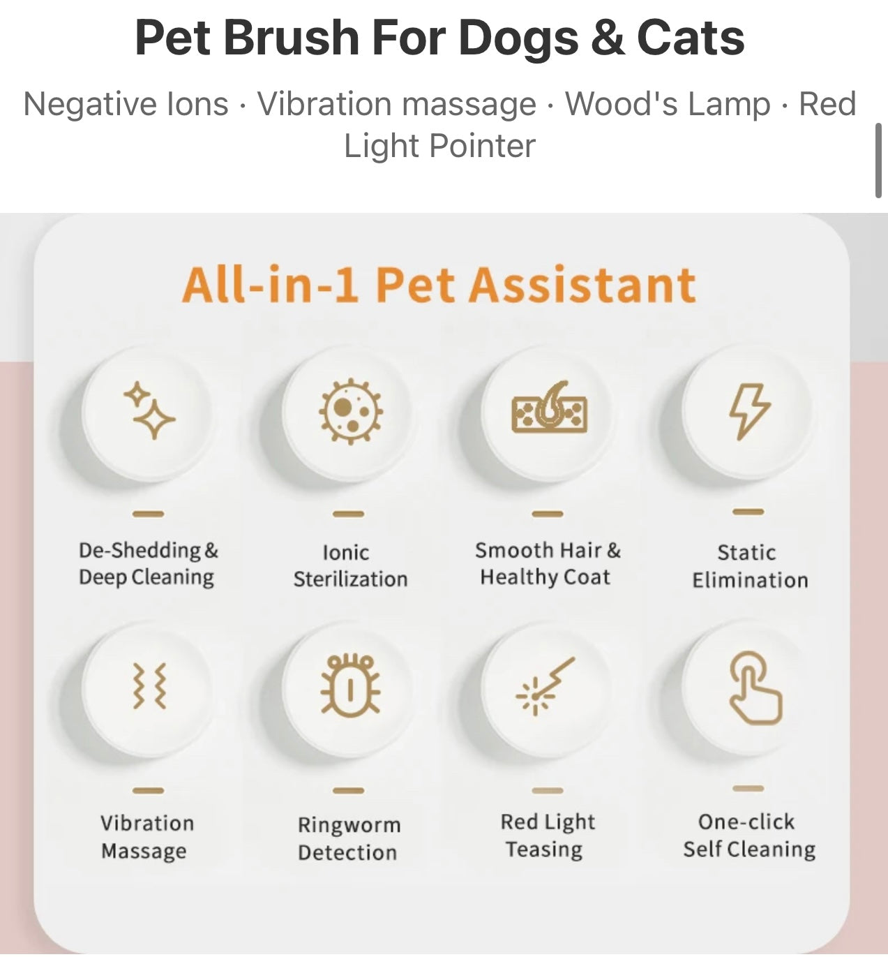4-In-1 Cat & Dog ionic grooming, Rechargeable self-cleaning brush , massager , red light pointer & ring worm detector