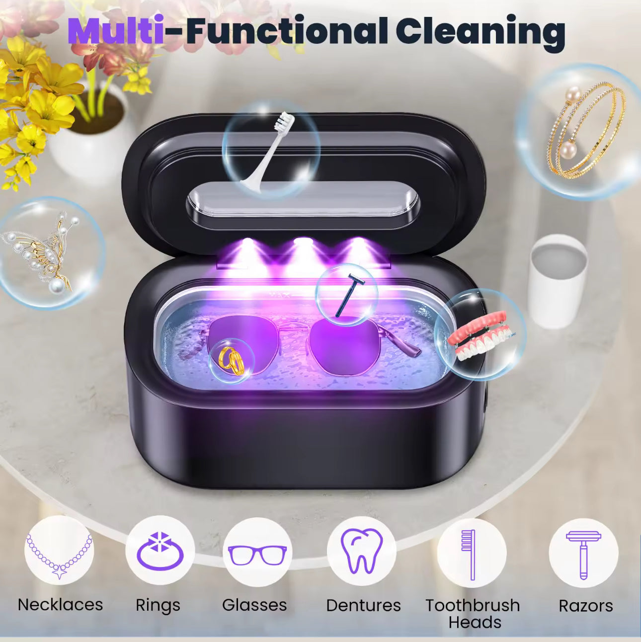 Ultrasonic UV Jewellery Ring Cleaner, Glasses Cleaner with Digital Timer, Portable Jewelry Cleaner Ultrasonic Machine for Eyeglasses, Rings, Necklaces, Watches, Dentures 48Khz 12oz - 30Watt Professional Ultrasonic (Black)