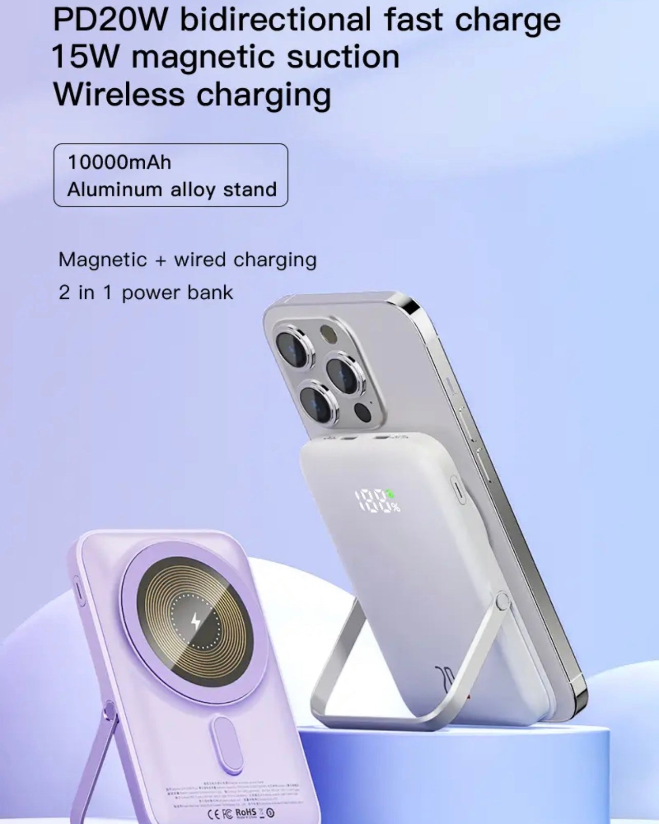 INNOVATIVE Magnetic Power Bank LED 15Watt 10000mAh,2-in-1 for Magsafe Portable Charger with Slim Fast Charging Battery, Kick Stand ,Phone Powerbank Compatible with iPhone 15/14/13/12/11 & Android Devices (Blue)
