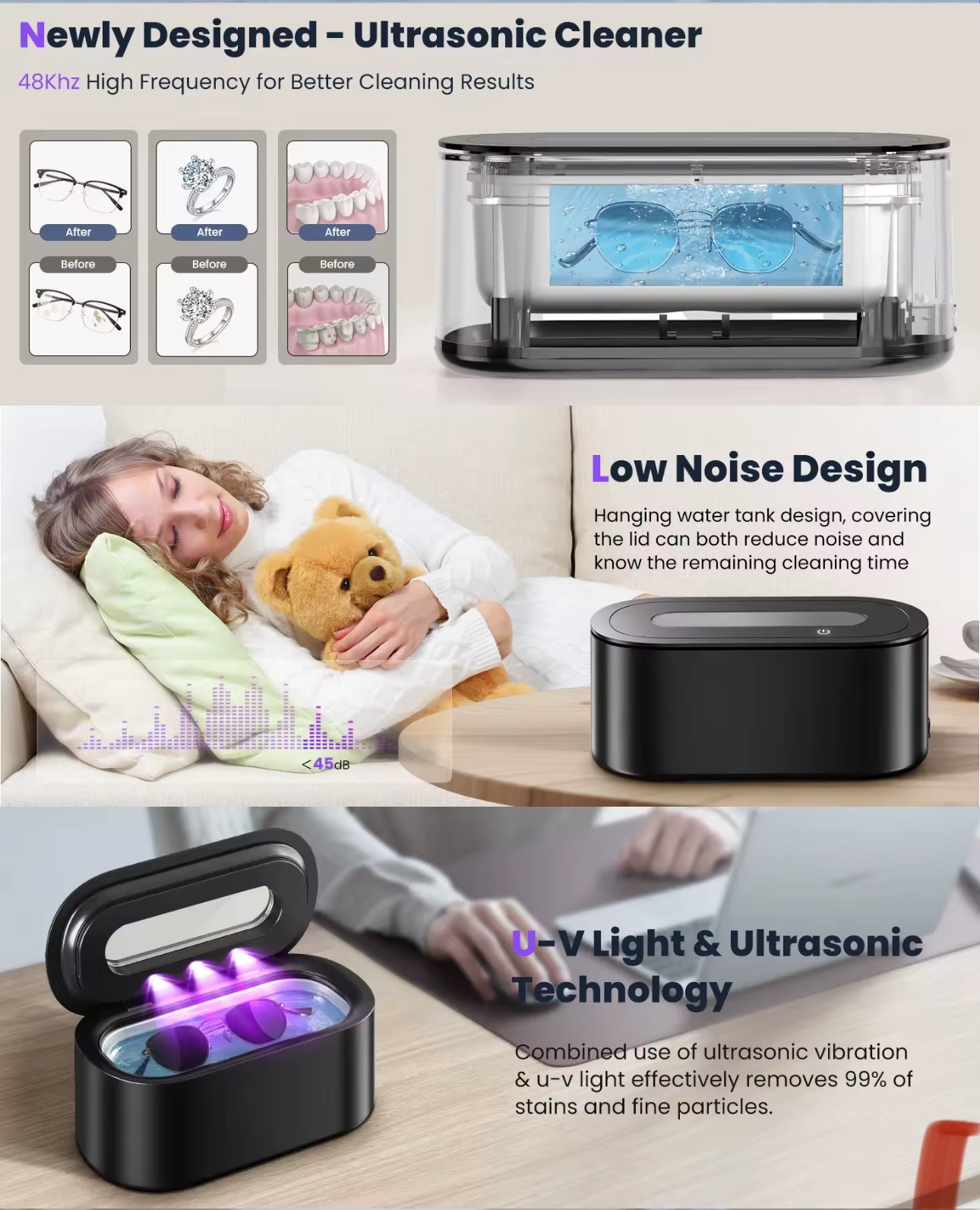 Ultrasonic UV Jewellery Ring Cleaner, Glasses Cleaner with Digital Timer, Portable Jewelry Cleaner Ultrasonic Machine for Eyeglasses, Rings, Necklaces, Watches, Dentures 48Khz 12oz - 30Watt Professional Ultrasonic (Black)