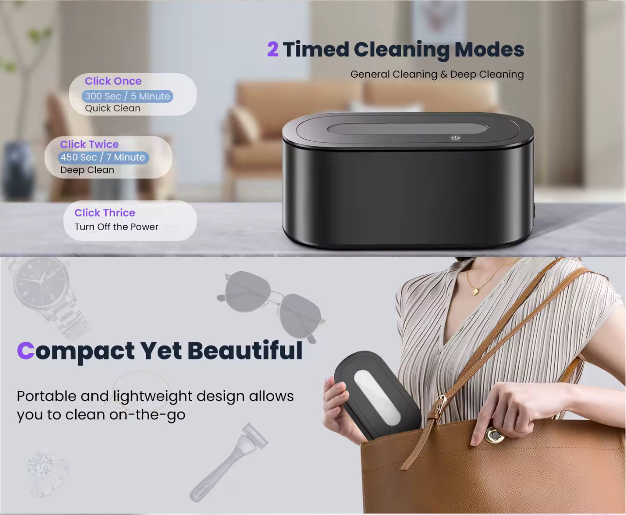 Ultrasonic UV Jewellery Ring Cleaner, Glasses Cleaner with Digital Timer, Portable Jewelry Cleaner Ultrasonic Machine for Eyeglasses, Rings, Necklaces, Watches, Dentures 48Khz 12oz - 30Watt Professional Ultrasonic (Black)