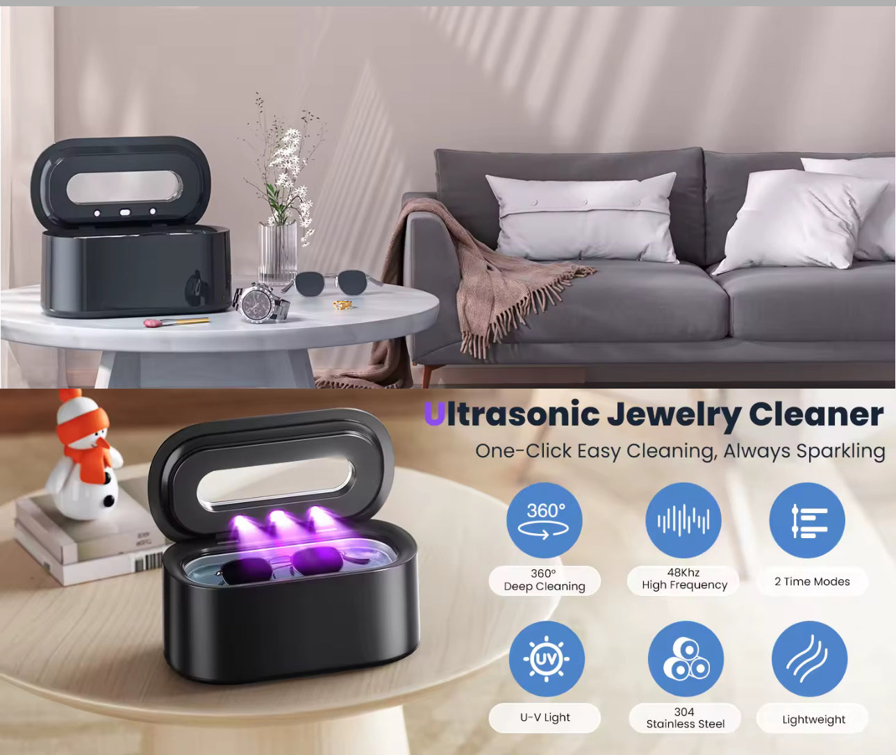 Ultrasonic UV Jewellery Ring Cleaner, Glasses Cleaner with Digital Timer, Portable Jewelry Cleaner Ultrasonic Machine for Eyeglasses, Rings, Necklaces, Watches, Dentures 48Khz 12oz - 30Watt Professional Ultrasonic (Black)