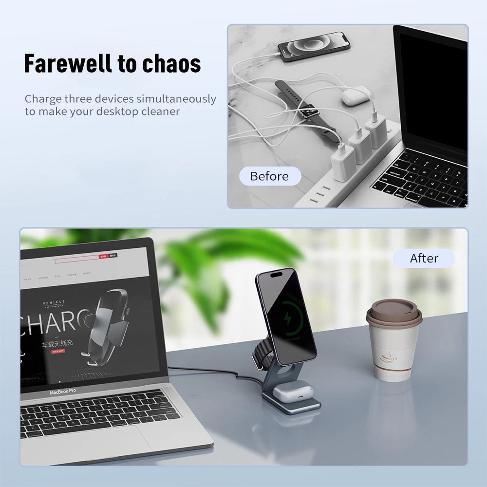 3 in 1 Charging Station for Apple Multiple Devices, Travel Wireless Charger for Magsafe Charger Foldable Stand Compatible for Apple, Samsung, Huawei and Xiaomi