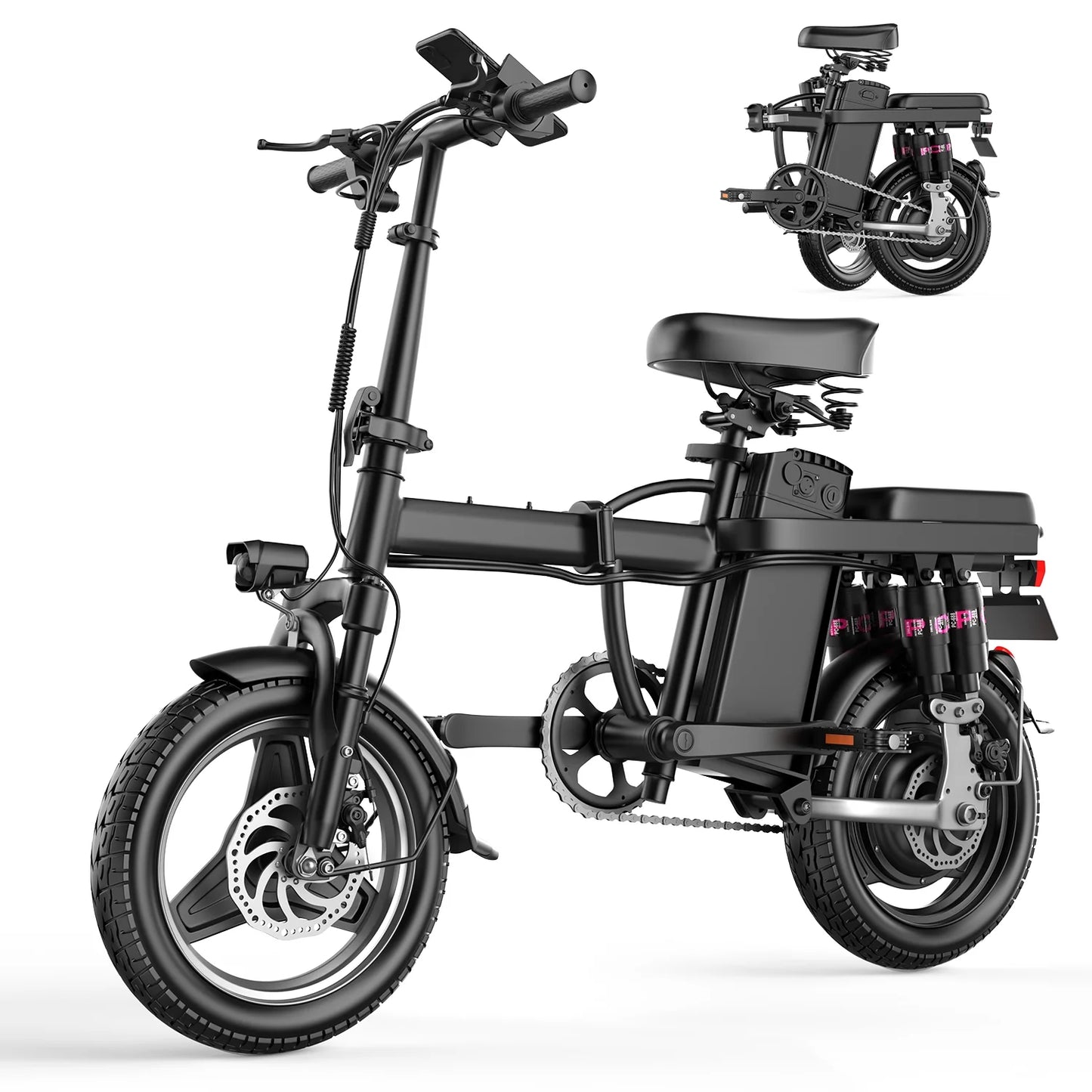 Adult Folding V6 Electric Bike: Up to 25 MPH, 25-Mile Range, 14" Pneumatic All Terrain Tire, 48V 13Ah Battery - 350Watt