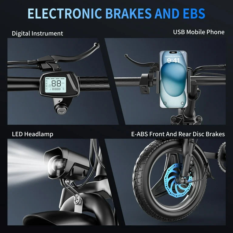 Adult Folding V6 Electric Bike: Up to 25 MPH, 25-Mile Range, 14" Pneumatic All Terrain Tire, 48V 13Ah Battery - 350Watt