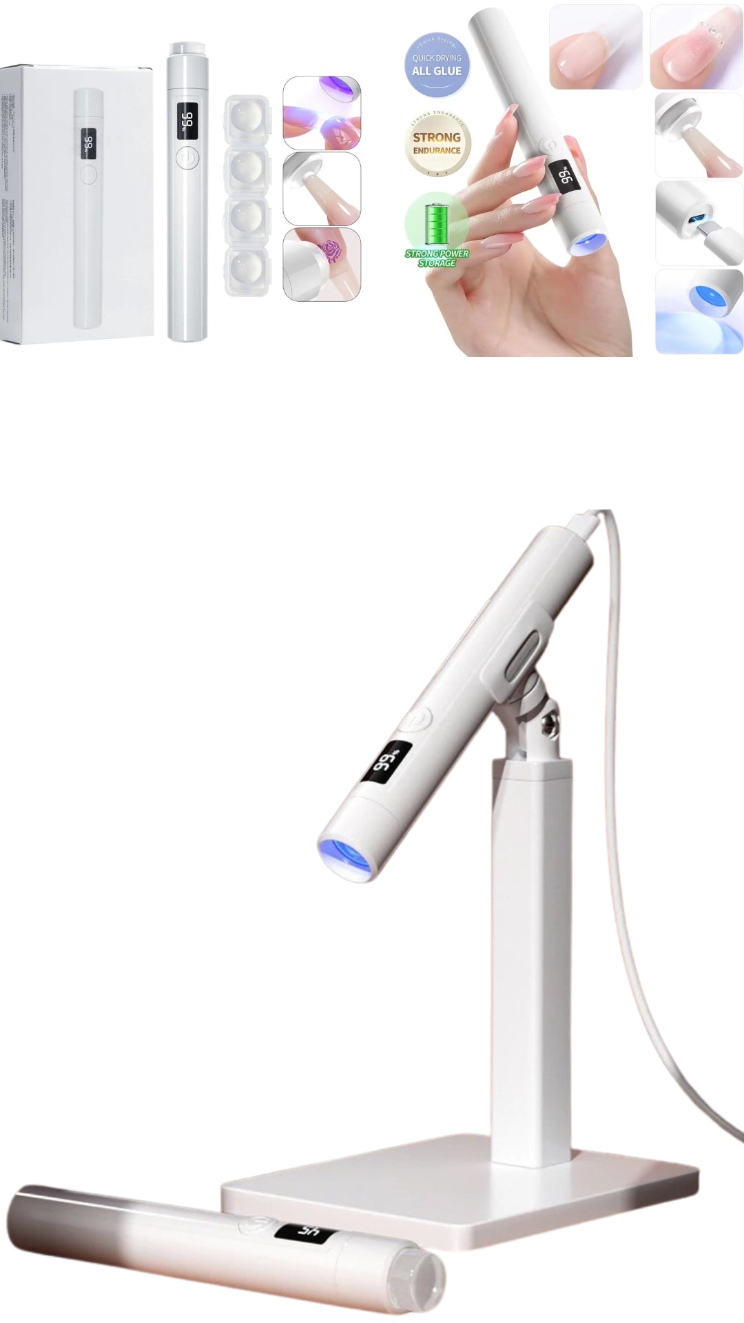 ISP 3-in-1 Handheld UV Light, Silicone head & Nail Lamp Support Stand for Nails Mini Nail Dryer LED Light with Magnetic Stand, LCD Screen - Cordless Rechargeable USB Gel Curing X Lamp Fast Curing for Home DIY Manicure (180mah)