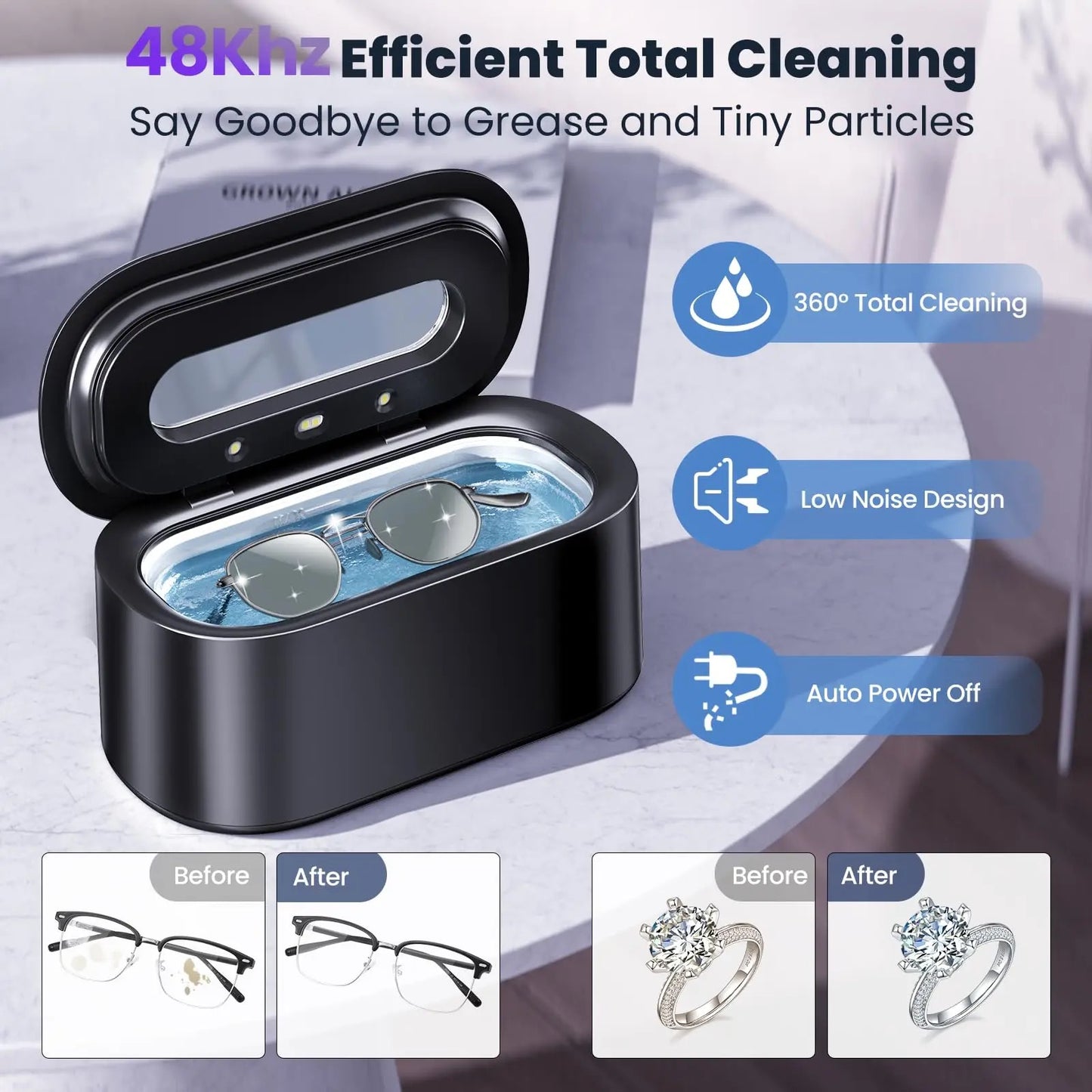Ultrasonic UV Jewellery Ring Cleaner, Glasses Cleaner with Digital Timer, Portable Jewelry Cleaner Ultrasonic Machine for Eyeglasses, Rings, Necklaces, Watches, Dentures 48Khz 12oz - 30Watt Professional Ultrasonic (Black)
