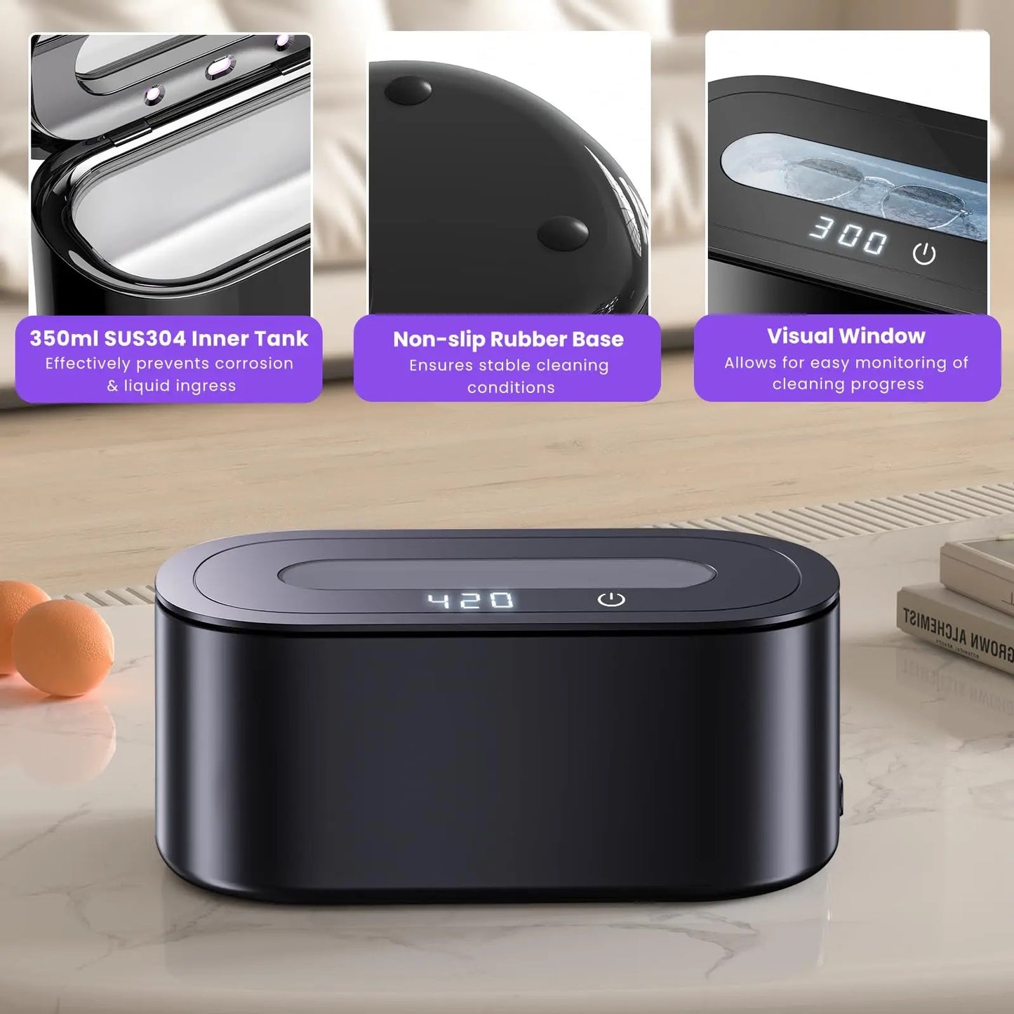 Ultrasonic UV Jewellery Ring Cleaner, Glasses Cleaner with Digital Timer, Portable Jewelry Cleaner Ultrasonic Machine for Eyeglasses, Rings, Necklaces, Watches, Dentures 48Khz 12oz - 30Watt Professional Ultrasonic (Black)