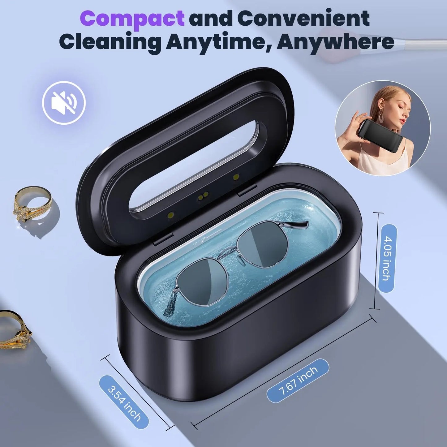 Ultrasonic UV Jewellery Ring Cleaner, Glasses Cleaner with Digital Timer, Portable Jewelry Cleaner Ultrasonic Machine for Eyeglasses, Rings, Necklaces, Watches, Dentures 48Khz 12oz - 30Watt Professional Ultrasonic (Black)