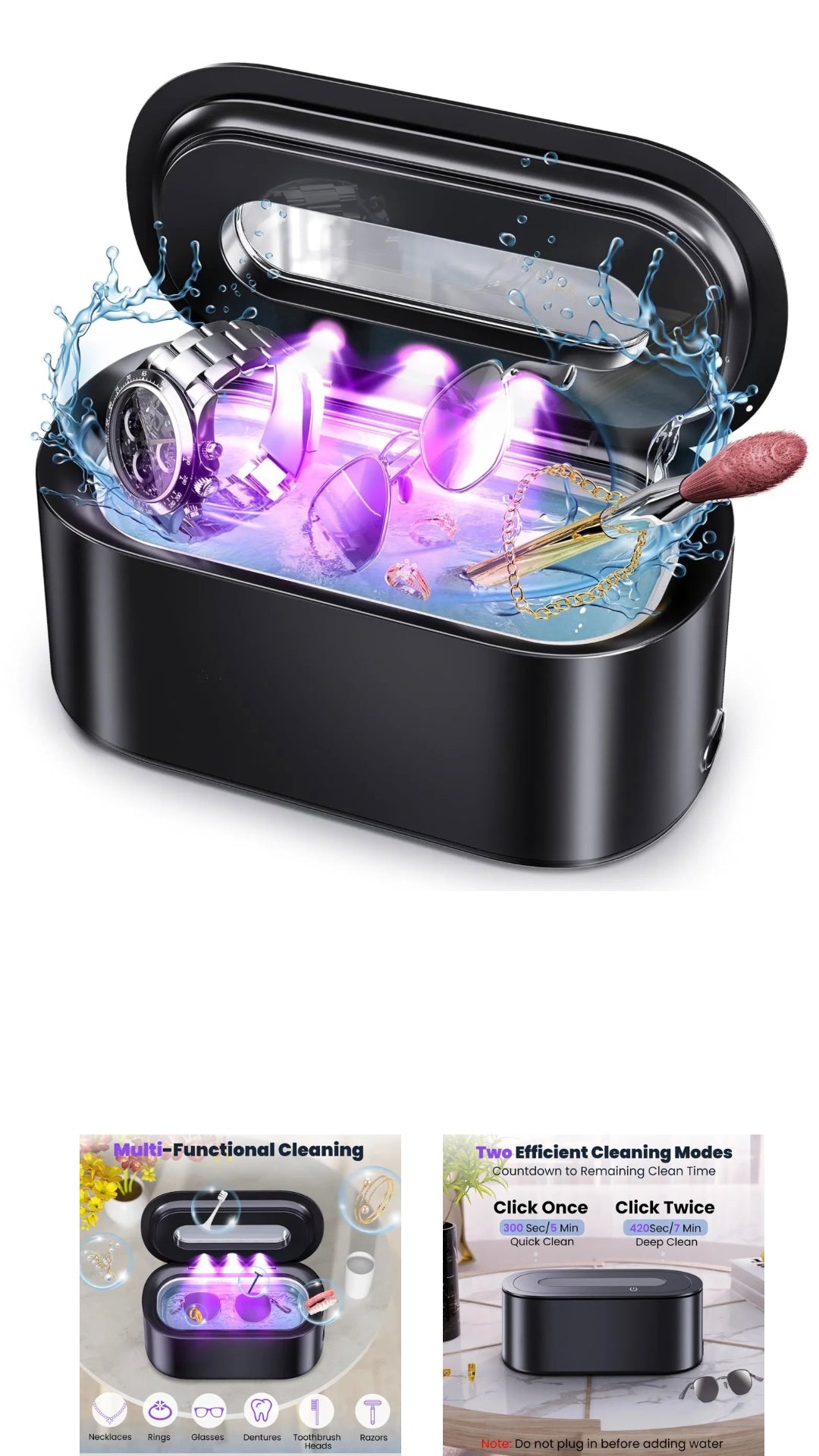 Ultrasonic UV Jewellery Ring Cleaner, Glasses Cleaner with Digital Timer, Portable Jewelry Cleaner Ultrasonic Machine for Eyeglasses, Rings, Necklaces, Watches, Dentures 48Khz 12oz - 30Watt Professional Ultrasonic (Black)