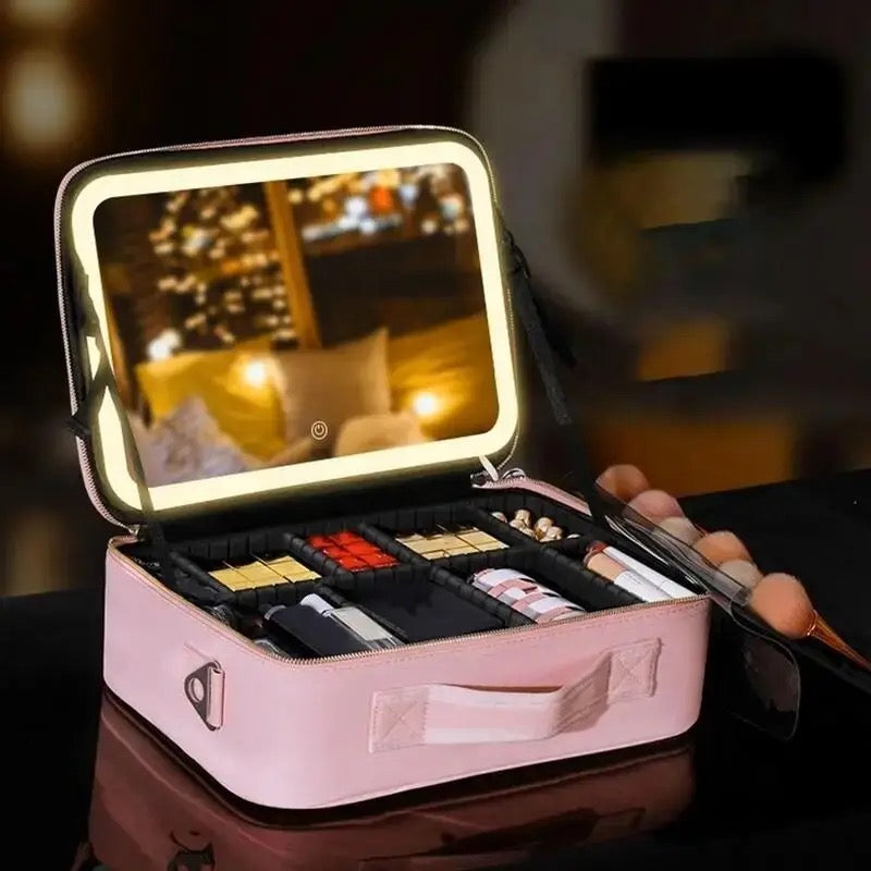 LED Light Cosmetic Case with removable Mirror Large Capacity Fashion PU Leather Travel Makeup bag Brushes EVA bag