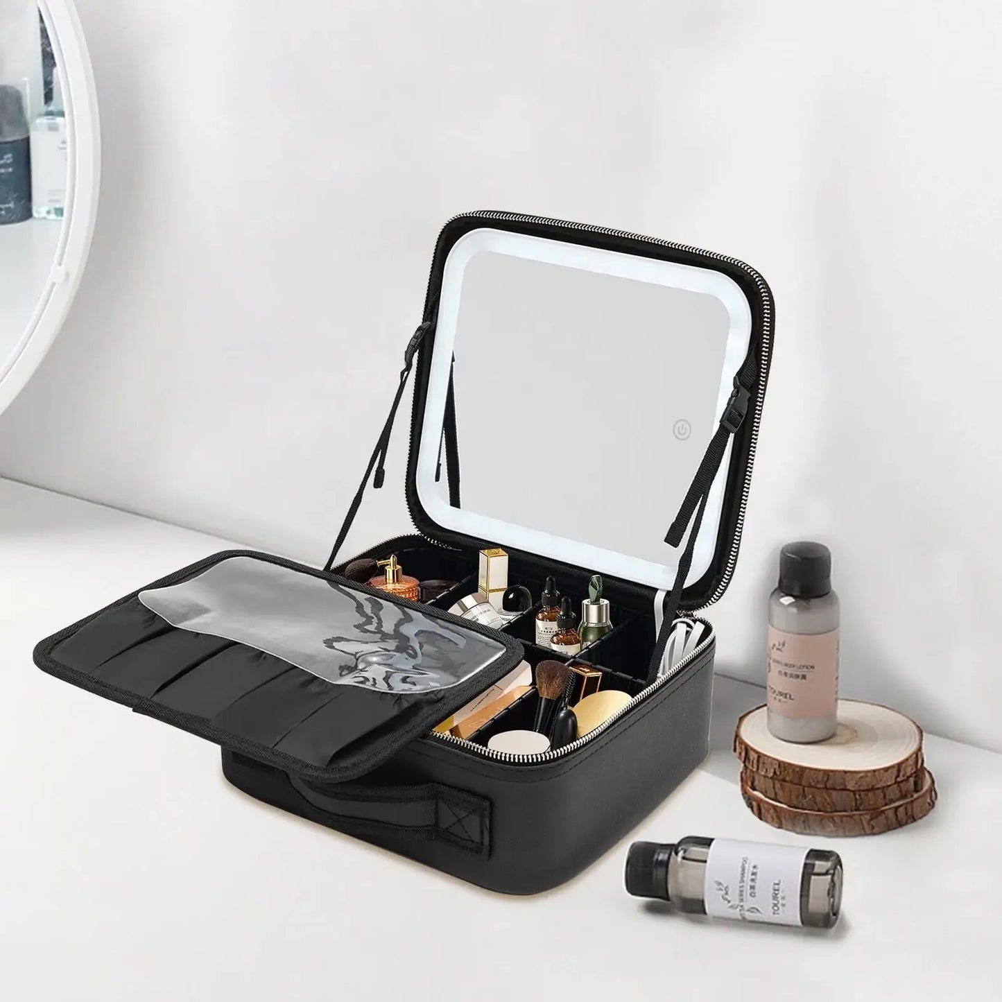 LED Light Cosmetic Case with removable Mirror Large Capacity Fashion PU Leather Travel Makeup bag Brushes EVA bag
