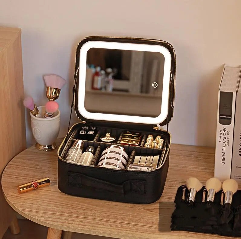 LED Light Cosmetic Case with removable Mirror Large Capacity Fashion PU Leather Travel Makeup bag Brushes EVA bag