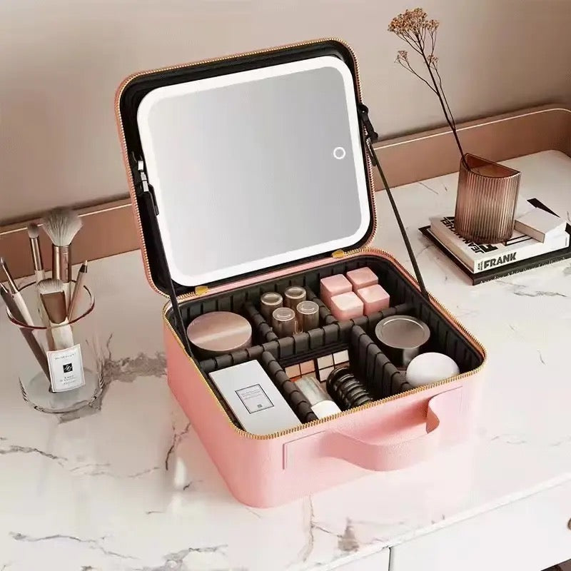 LED Light Cosmetic Case with removable Mirror Large Capacity Fashion PU Leather Travel Makeup bag Brushes EVA bag