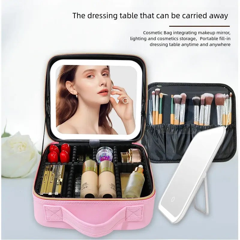 LED Light Cosmetic Case with removable Mirror Large Capacity Fashion PU Leather Travel Makeup bag Brushes EVA bag