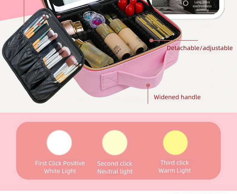 LED Light Cosmetic Case with removable Mirror Large Capacity Fashion PU Leather Travel Makeup bag Brushes EVA bag