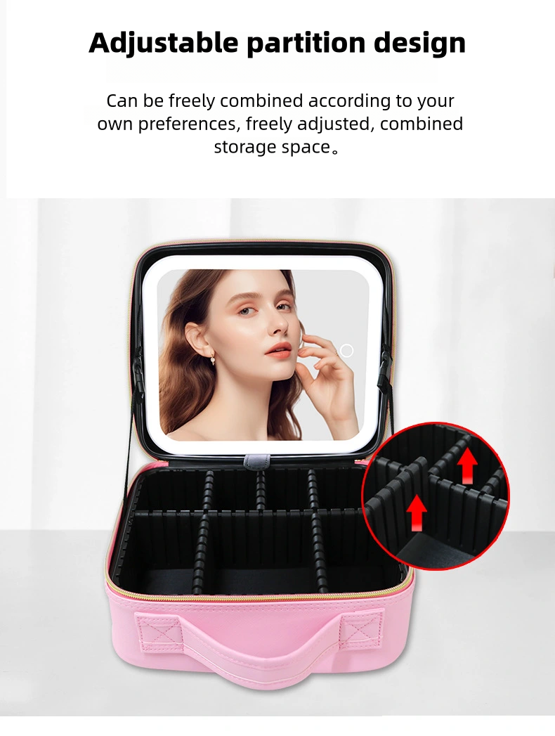 LED Light Cosmetic Case with removable Mirror Large Capacity Fashion PU Leather Travel Makeup bag Brushes EVA bag