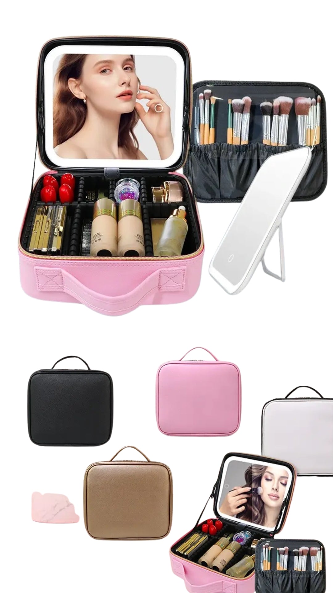 LED Light Cosmetic Case with removable Mirror Large Capacity Fashion PU Leather Travel Makeup bag Brushes EVA bag