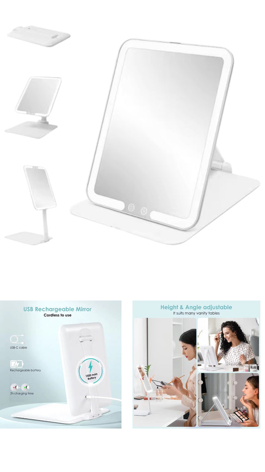 INNOVATIVE Travel Makeup Mirror with Light, Portable Folding Make Up Tabletop Mirror with 58 LEDs 3 Colors Light Modes Rechargable Compact Vanity Mirror with Adjustable Stand -1500mah