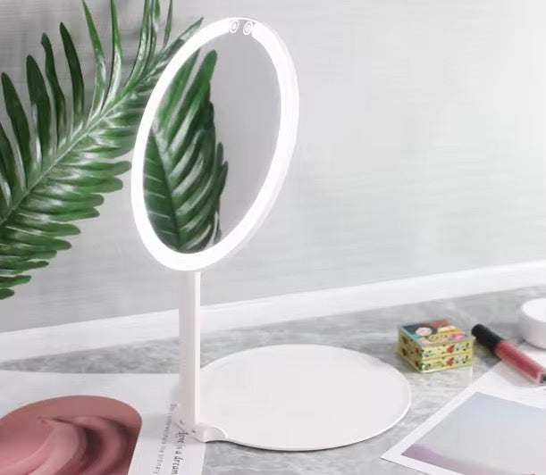 INNOVATIVE Round Portable Travel Makeup Mirror with Light, Portable Folding Make Up Tabletop Mirror with 58 LEDs 3 Colors Light Modes Rechargable Compact Vanity Mirror with Adjustable Stand -1500mah