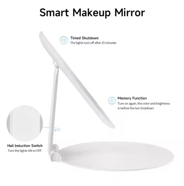 INNOVATIVE Round Portable Travel Makeup Mirror with Light, Portable Folding Make Up Tabletop Mirror with 58 LEDs 3 Colors Light Modes Rechargable Compact Vanity Mirror with Adjustable Stand -1500mah