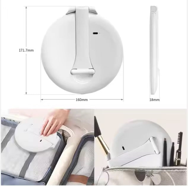 INNOVATIVE Round Portable Travel Makeup Mirror with Light, Portable Folding Make Up Tabletop Mirror with 58 LEDs 3 Colors Light Modes Rechargable Compact Vanity Mirror with Adjustable Stand -1500mah