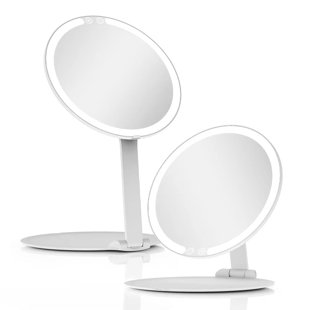 INNOVATIVE Round Portable Travel Makeup Mirror with Light, Portable Folding Make Up Tabletop Mirror with 58 LEDs 3 Colors Light Modes Rechargable Compact Vanity Mirror with Adjustable Stand -1500mah