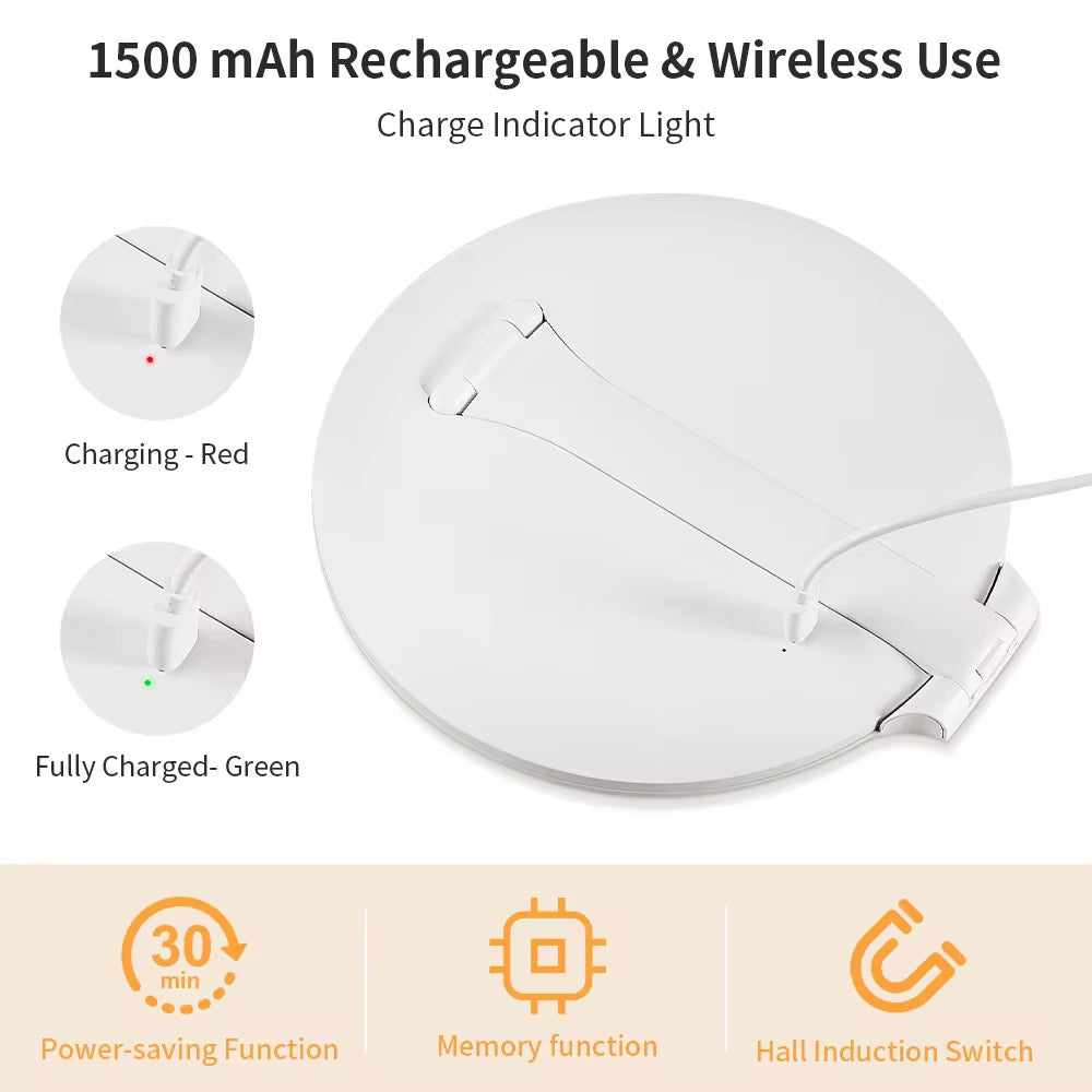 INNOVATIVE Round Portable Travel Makeup Mirror with Light, Portable Folding Make Up Tabletop Mirror with 58 LEDs 3 Colors Light Modes Rechargable Compact Vanity Mirror with Adjustable Stand -1500mah