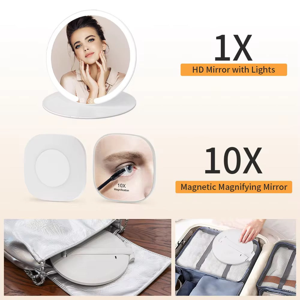 INNOVATIVE Round Portable Travel Makeup Mirror with Light, Portable Folding Make Up Tabletop Mirror with 58 LEDs 3 Colors Light Modes Rechargable Compact Vanity Mirror with Adjustable Stand -1500mah