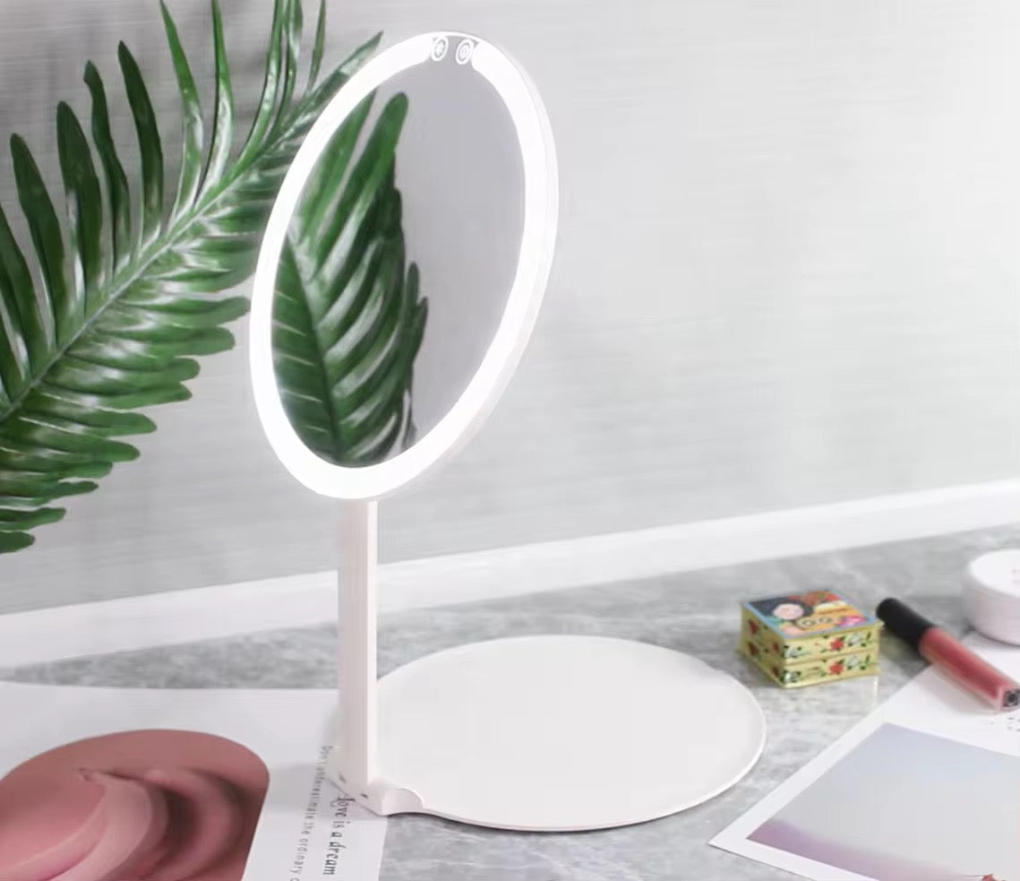 INNOVATIVE Round Portable Travel Makeup Mirror with Light, Portable Folding Make Up Tabletop Mirror with 58 LEDs 3 Colors Light Modes Rechargable Compact Vanity Mirror with Adjustable Stand -1500mah