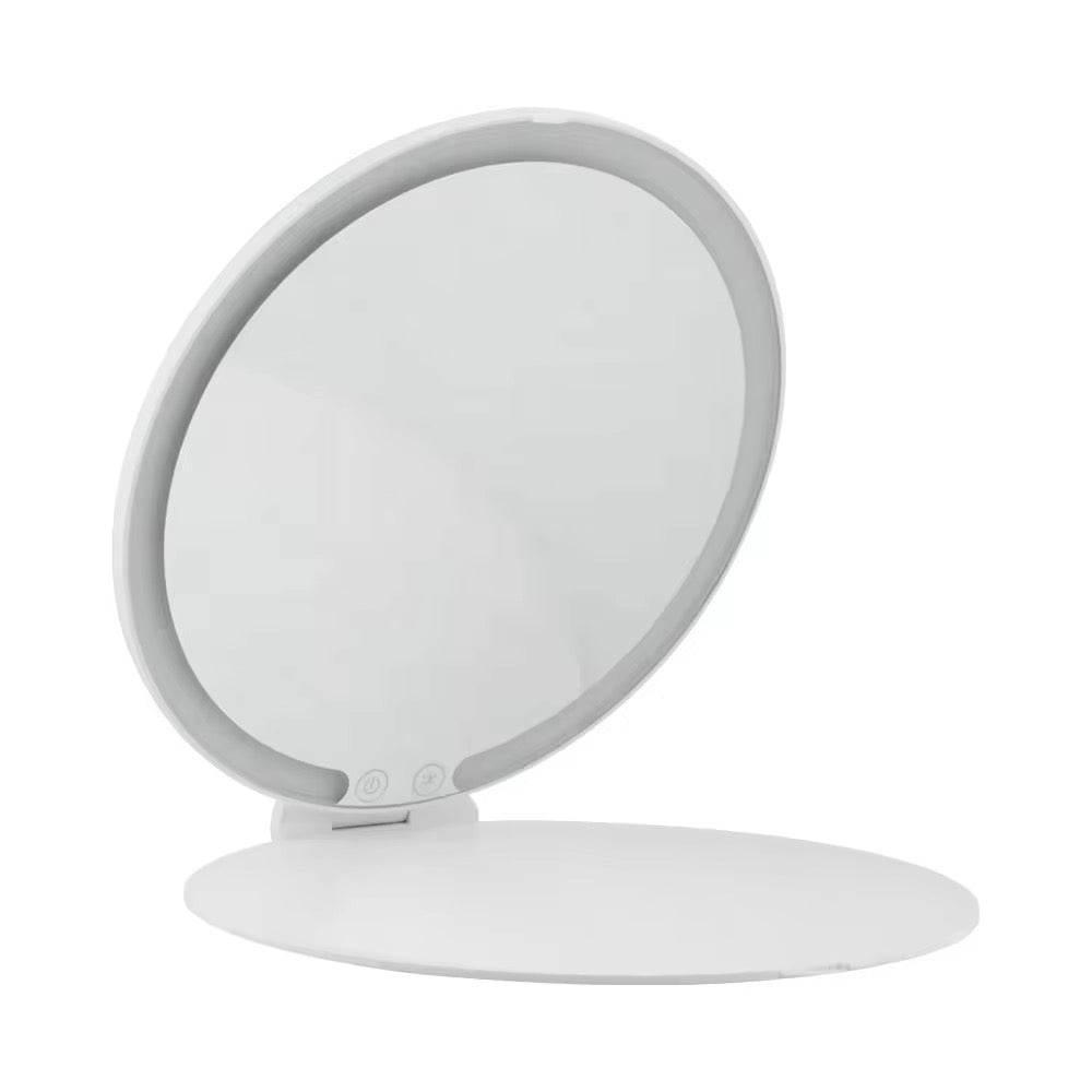 INNOVATIVE Round Portable Travel Makeup Mirror with Light, Portable Folding Make Up Tabletop Mirror with 58 LEDs 3 Colors Light Modes Rechargable Compact Vanity Mirror with Adjustable Stand -1500mah