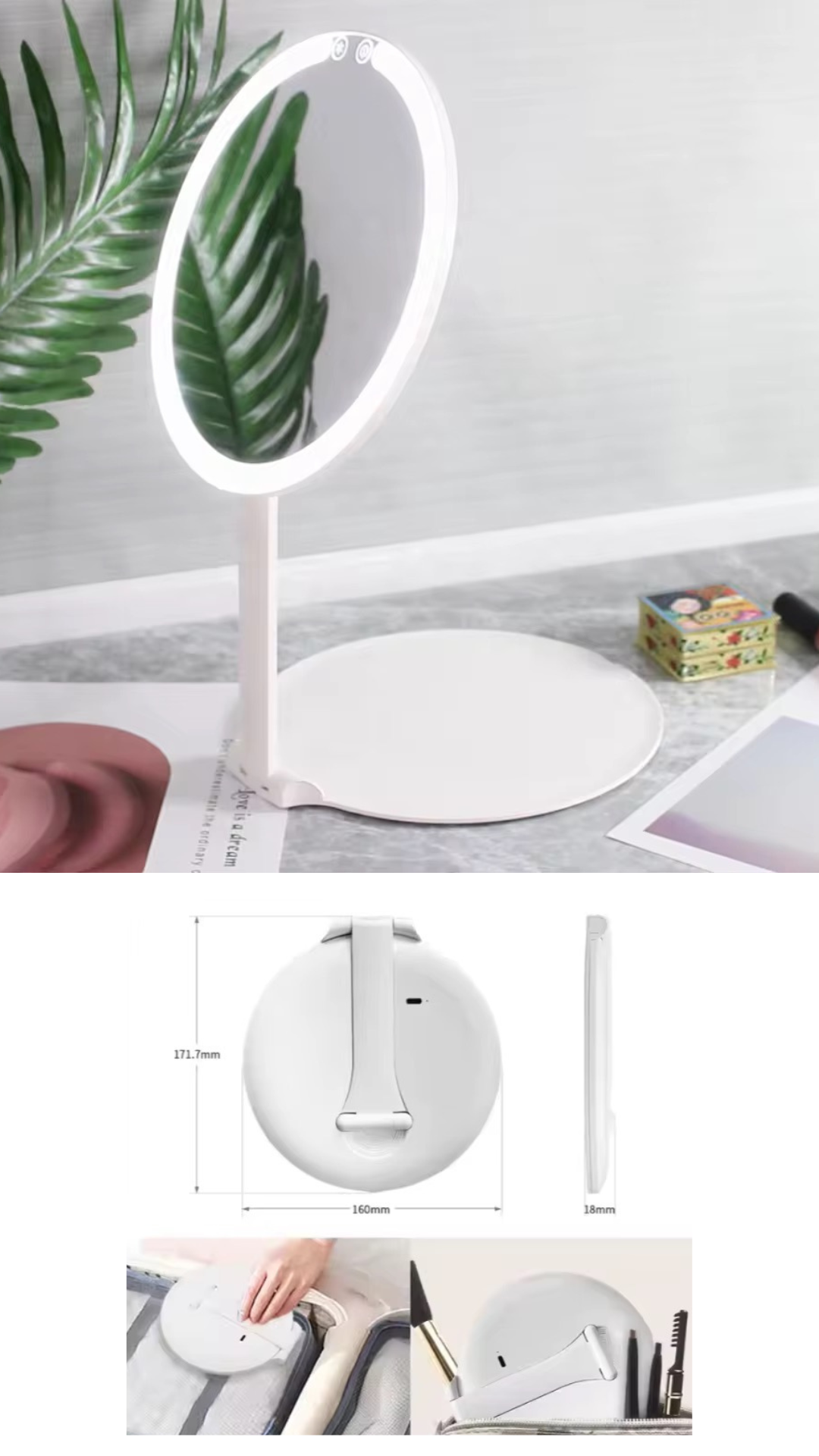INNOVATIVE Round Portable Travel Makeup Mirror with Light, Portable Folding Make Up Tabletop Mirror with 58 LEDs 3 Colors Light Modes Rechargable Compact Vanity Mirror with Adjustable Stand -1500mah