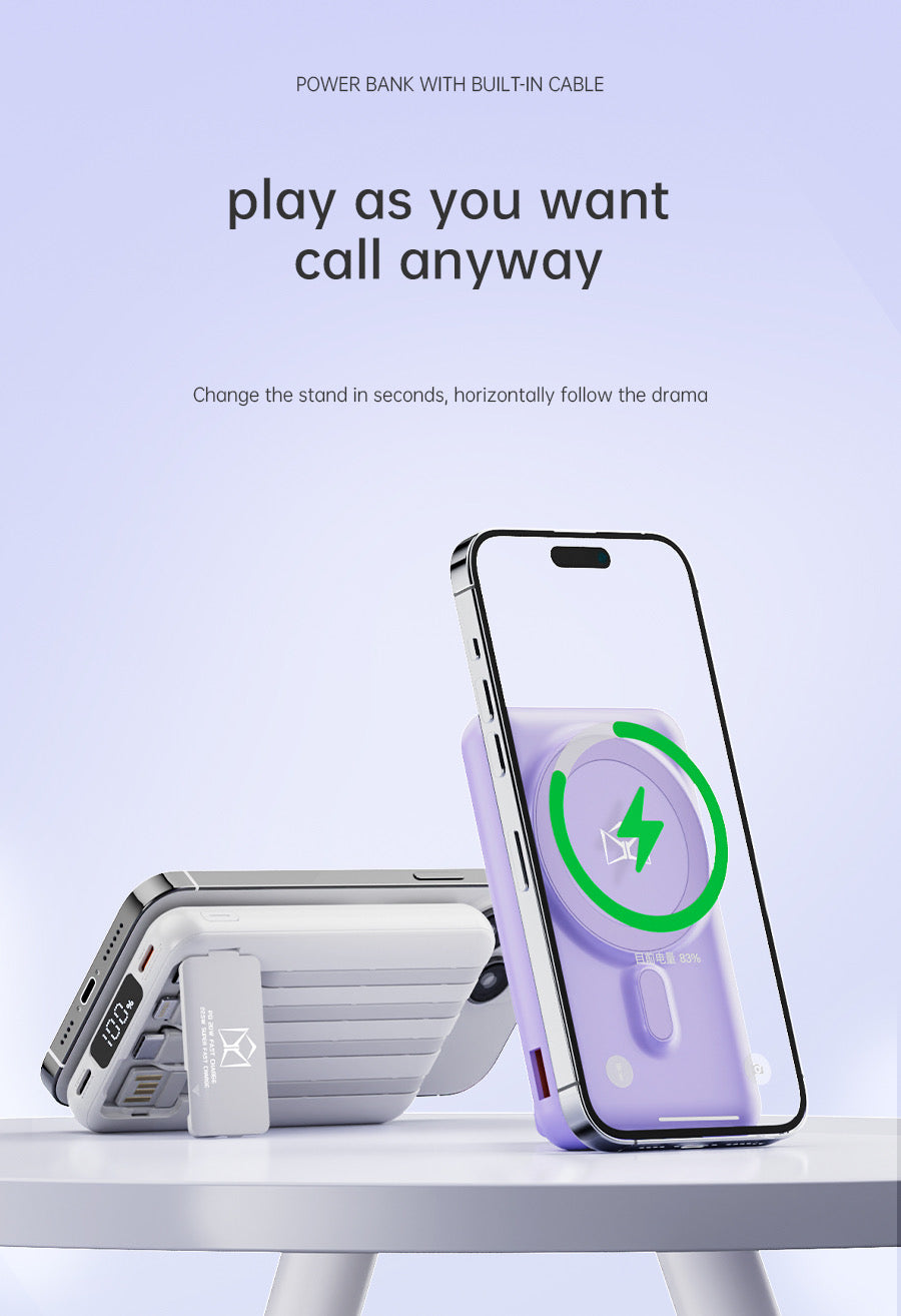 ISP X1 10000mah Portable powerbank with PD fast charging with built in wires-with foldable stand magnetic wireless charger mini wireless power bank type c charging
