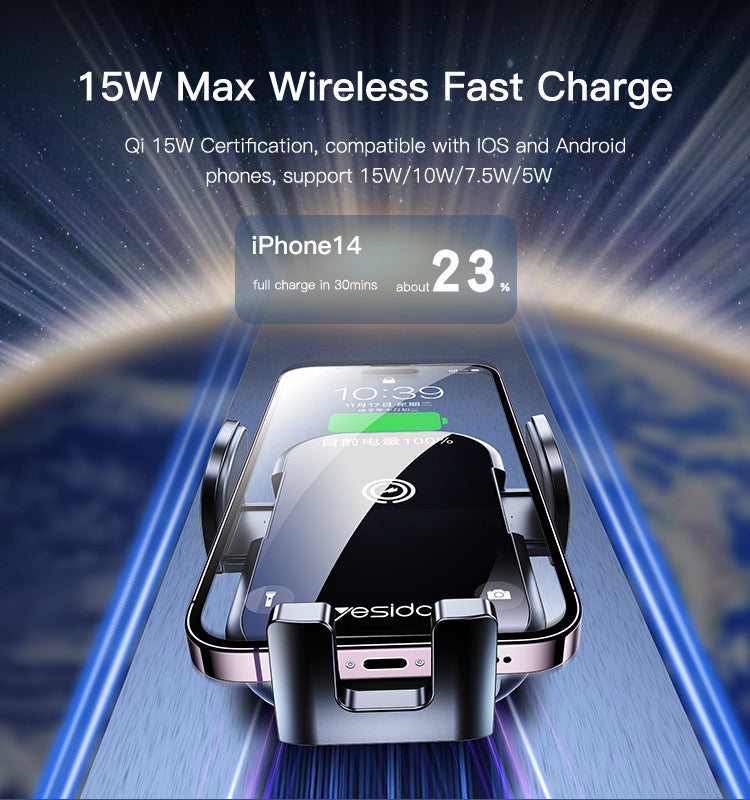 ISP Wireless Car Charger, 15W Qi Fast Aut Clamping Car Charger Phone Mount Windshield Vent Phone Holder for iPhone 14 13 12 Mini Pi 11 Xs, Samsung Galaxy S22+ S21 S10+ Note 2