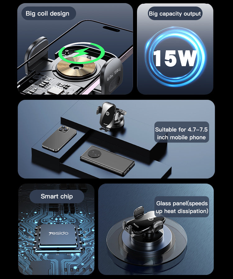 ISP Wireless Car Charger, 15W Qi Fast Aut Clamping Car Charger Phone Mount Windshield Vent Phone Holder for iPhone 14 13 12 Mini Pi 11 Xs, Samsung Galaxy S22+ S21 S10+ Note 2