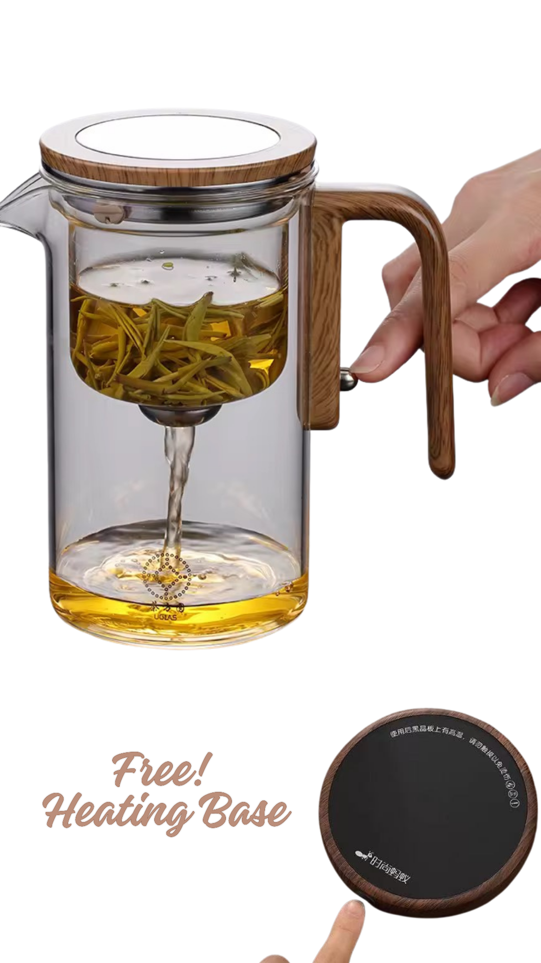 INNOVATIVE Water Seperation Tea Pot, with Removable strainer, Press Control Glass with heating base