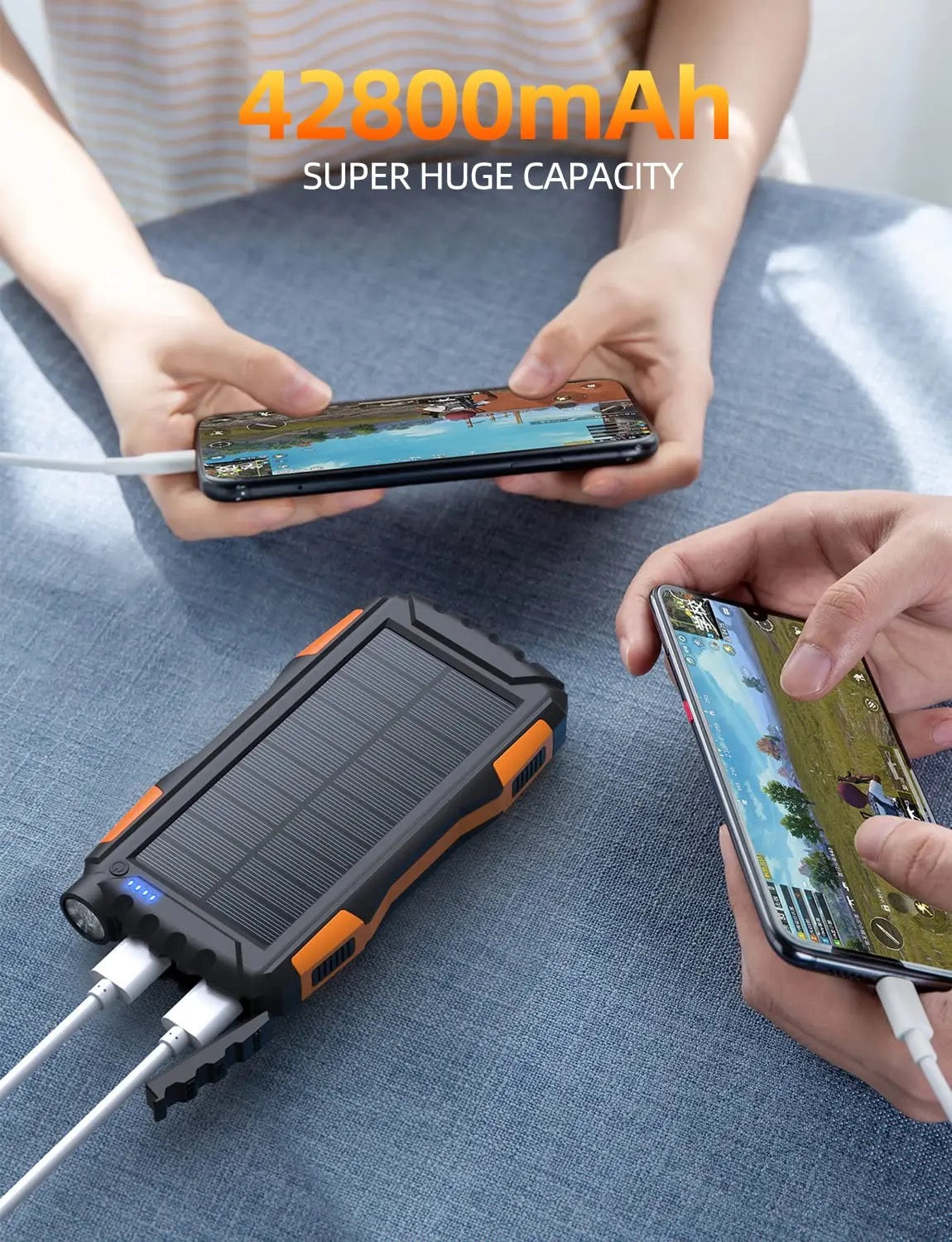 INNOVATIVE PowerBank Solar Portable-Charger - 42800maH Power Bank Large Capacity Hand Charging , IP66 Waterproof Built in 3 Output and 3 Input Cables and Flashlight 5V3.1A Fast Charger Compatible with All Smart Phones and Devices