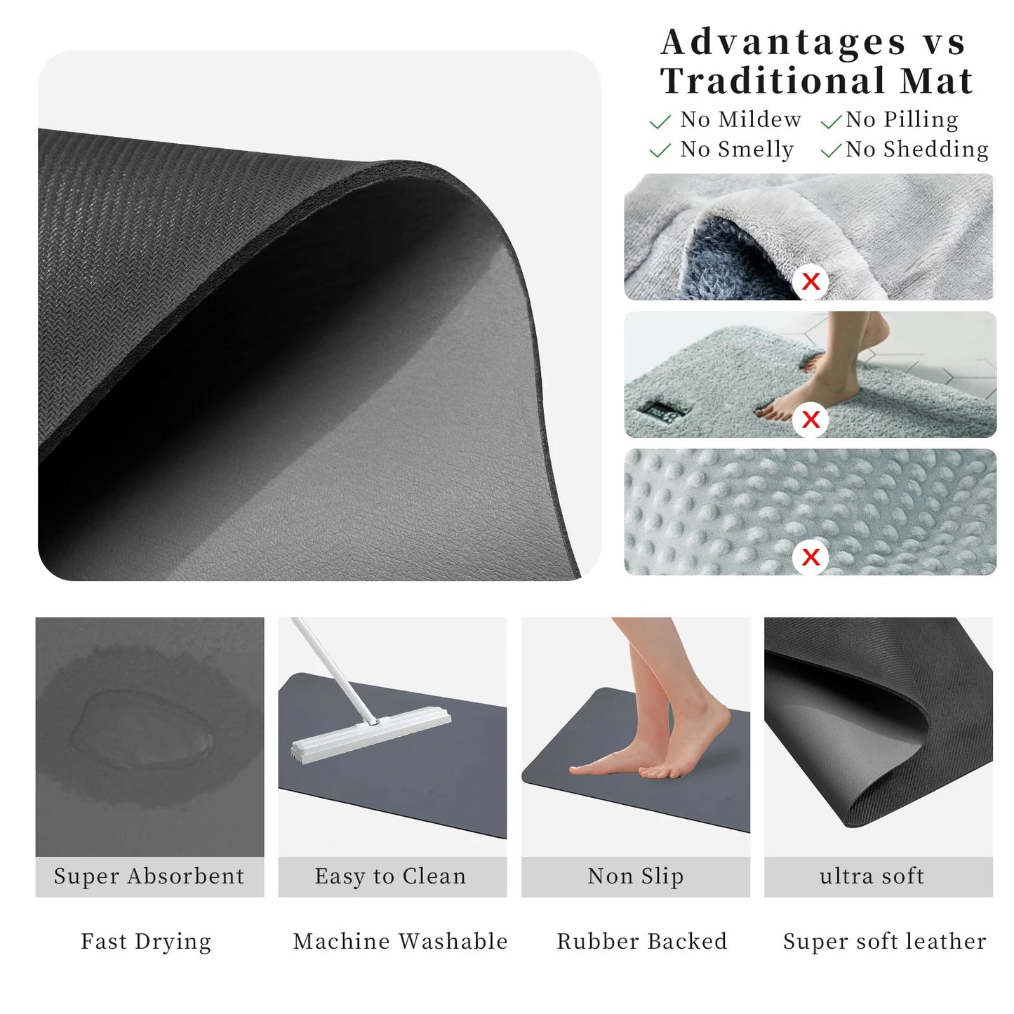 ISP New Technology Leather Absorbent Bath mat, Leather diatomite Quick Drying Bath mat, Gray Thin Bath mat, Suitable for Bathroom, Kitchen and Toilet. Mat Rug-Rubber Non Slip Quick Dry Super Absorbent 15.7” * 47.2”