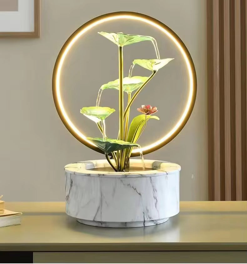 Desk Waterfall Fountain Indoor with water feature,Tabletop Mini Water Fountain Decoration Adjustable LED Light Ring