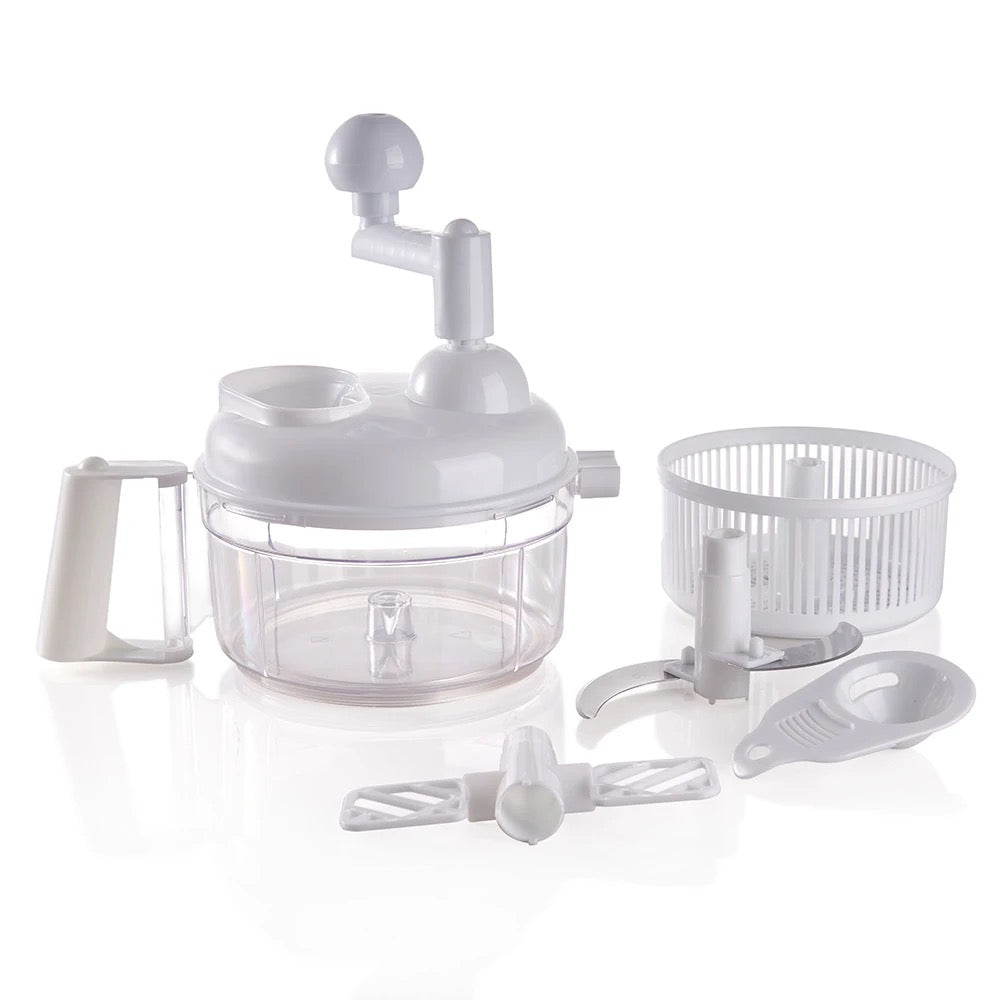 INNOVATIVE 9-in-1 Manual Food Chopper: Vegetable Chopper Hand Food Processor, Mixer, Blender, Whipper, Egg White Separator, Mincer, Grinder, Dicer with Clear Container BPA Free - (1200ml, White)