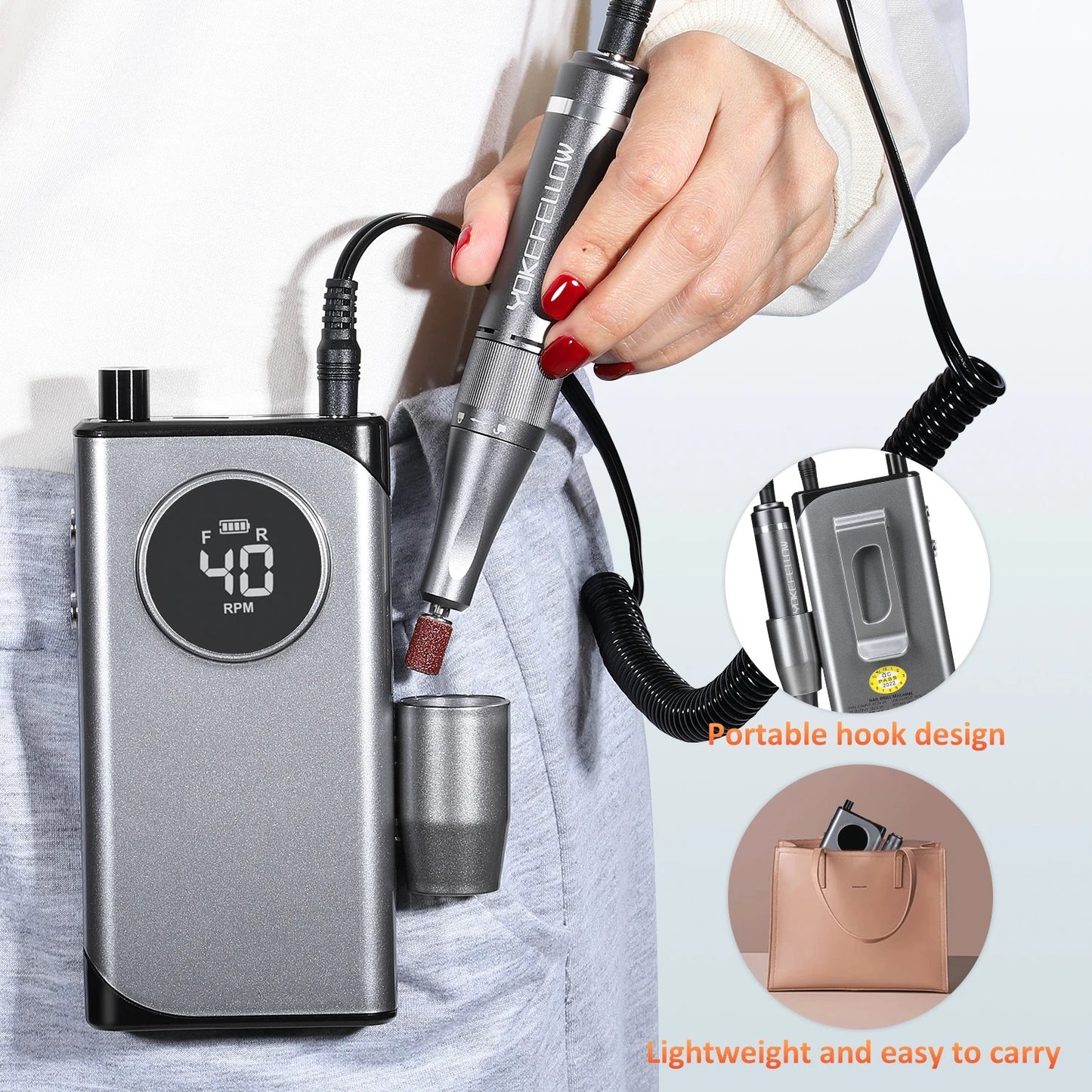 ISP 30 Watt Portable Professional LCD Nail Drill 40000RPM, Rechargeable Electric Nail File Machine EFile For Acrylic Nails Gel Polishing Removing Cordless EFile Kit with Bit Kit for Manicure,Salon & Home