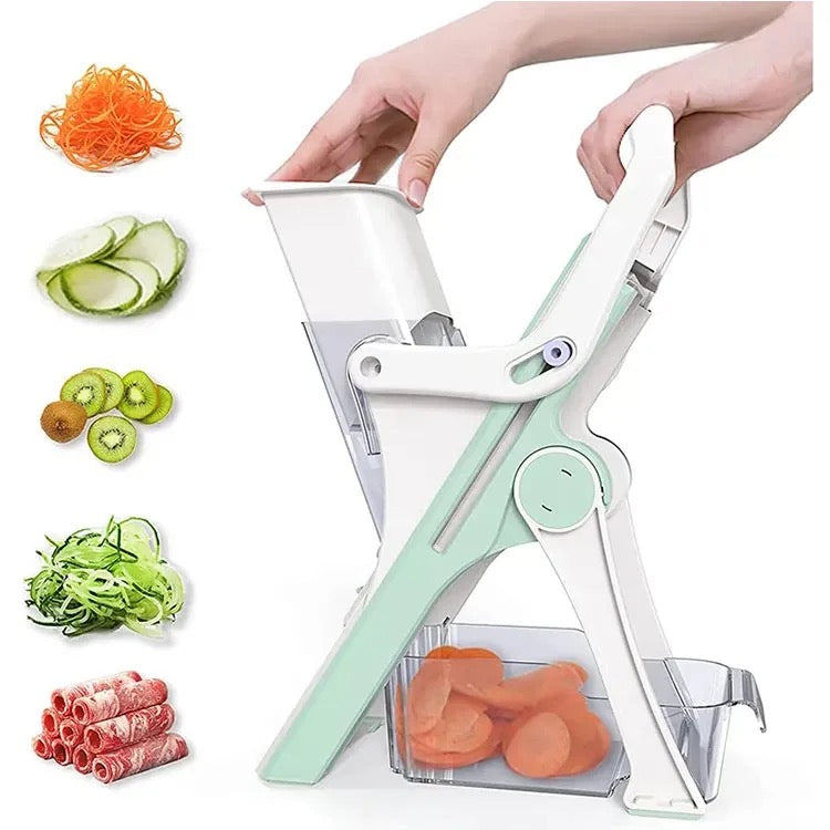 INNOVATIVE Lever VEGETABLE SAFE - Mandoline Multi Vegetable Chopper Potato Slicer for Kitchen with container, 5 Modes 100+ Presets, Thickness Adjuster for Kitchen Fast Meal Prep-(5 in 1, Green)