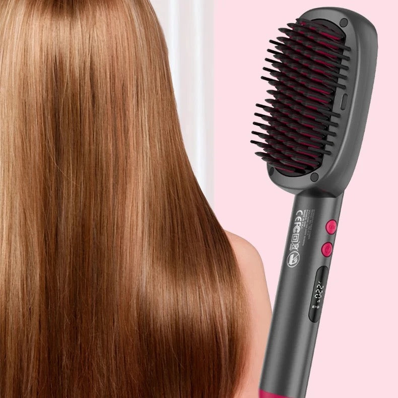 INNOVATIVE 2-in-1 Hair Straightener Brush, Ring Hair Straightener Comb Straightening Brush for Women with 5 temps 100-220° LED and free comb 20s Fast Heating & Dual Voltage
