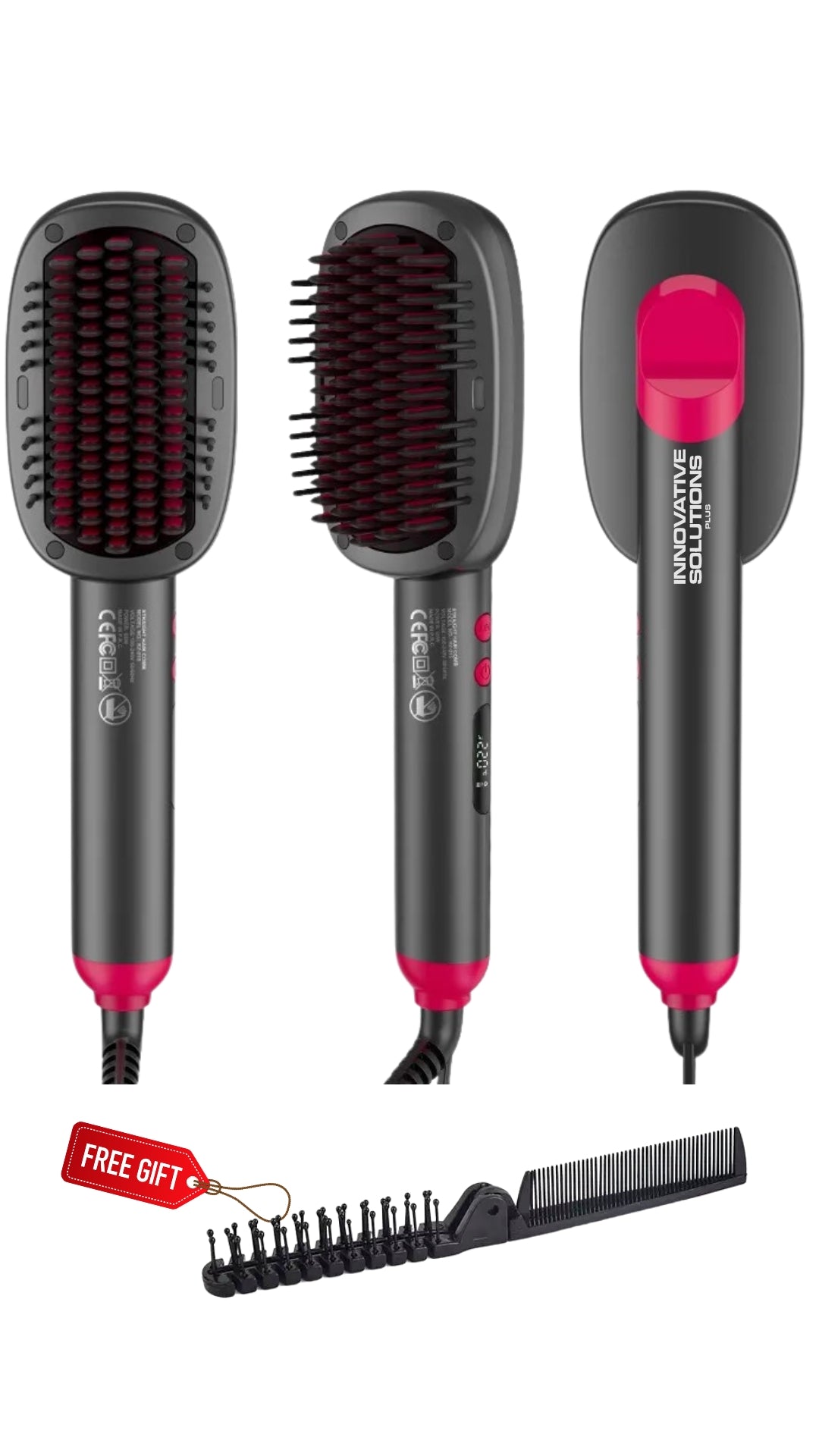 INNOVATIVE 2-in-1 Hair Straightener Brush, Ring Hair Straightener Comb Straightening Brush for Women with 5 temps 100-220° LED and free comb 20s Fast Heating & Dual Voltage