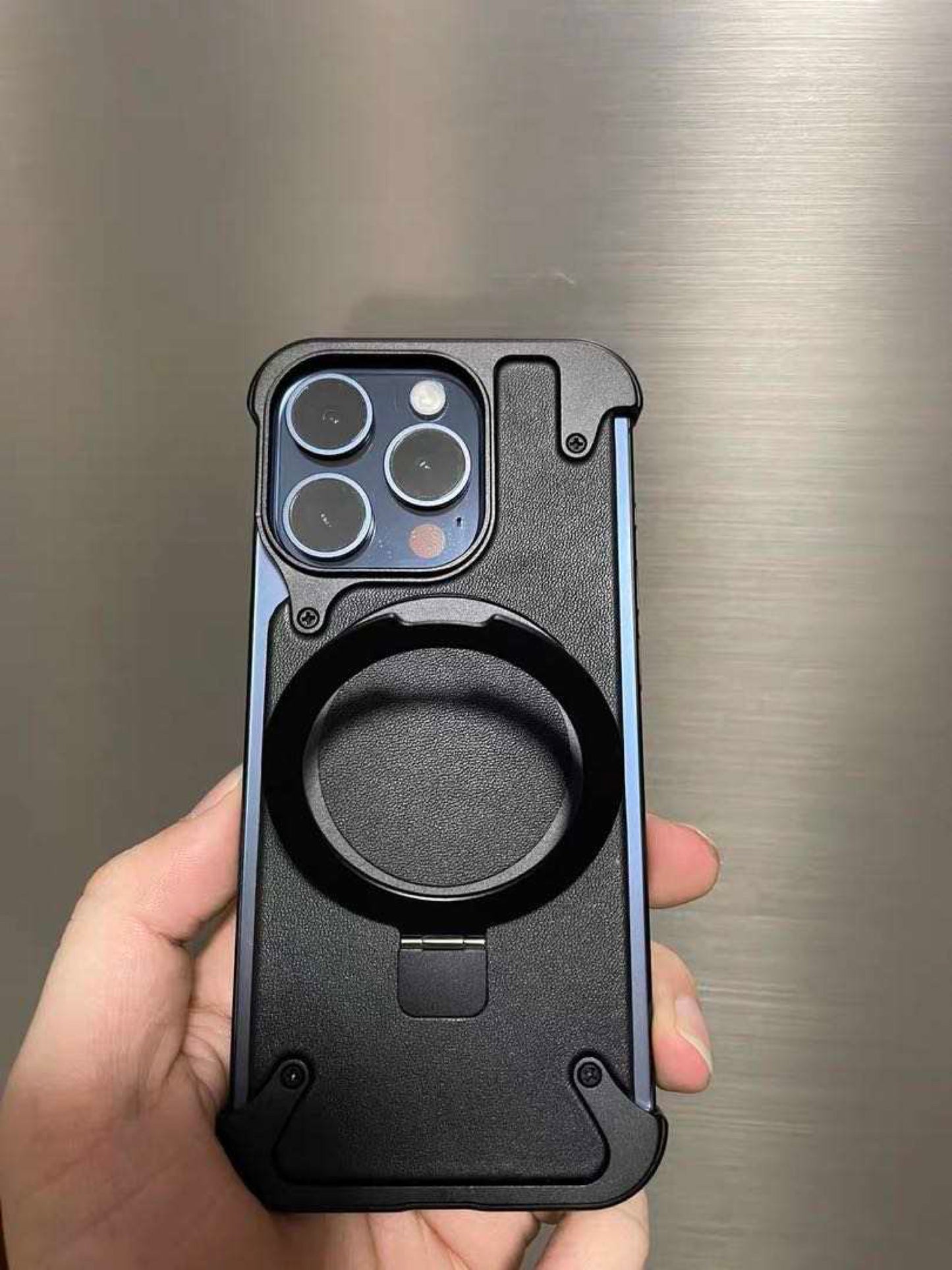 Light weight iPhone 14-15 metal leather MagSafe frameless case with holder & anti collision with screw driver