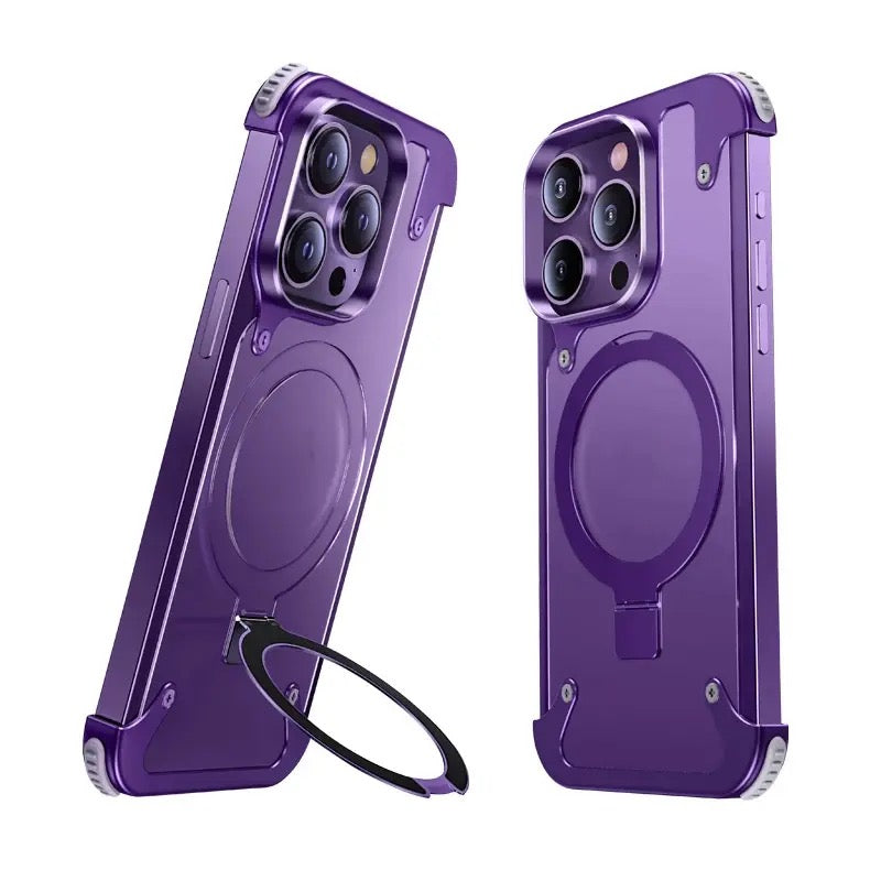 Light weight iPhone 14-15 metal leather MagSafe frameless case with holder & anti collision with screw driver